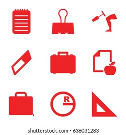 School icons set. set of 9 school filled icons such as paper and apple, notebook, knee hammer reaction check, case, paper clamp, ruler, circle