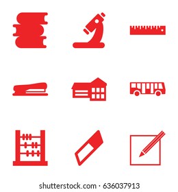 School icons set. set of 9 school filled icons such as airport bus, book, microscope, paper and pen, stapler, ruler, school, eraser