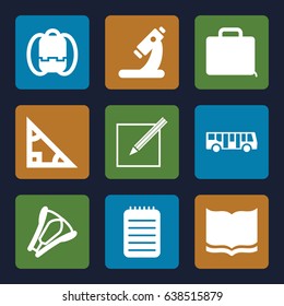 School icons set. set of 9 school filled icons such as airport bus, book, microscope, notebook, case, paper and pen, stapler, backpack