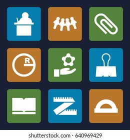 School icons set. set of 9 school filled icons such as paper clamp, atom in hand, book, teacher, protractor, circle, children, clip
