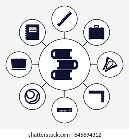 School icons set. set of 9 school filled icons such as ruler, case, stapler, book, notepad