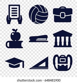 School icons set. set of 9 school filled icons such as court, backpack, holding document, ruler, stapler, volleyball, case, graduation hat