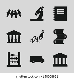 School icons set. set of 9 school filled icons such as court, microscope, ink pen, court building, book, notepad, bus, abacus