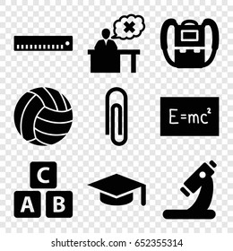 School icons set. set of 9 school filled icons such as abc cube, backpack, microscope, teacher, volleyball, board with formulas, graduation hat, ruler