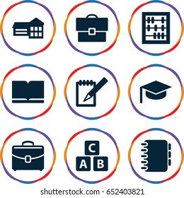 School icons set. set of 9 school filled icons such as abc cube, notebook, case, book, school, abacus