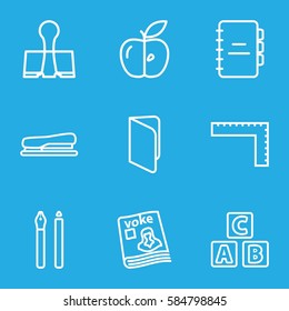 school icons set. Set of 9 school outline icons such as ruler, ABC cube, apple, magazine, stapler, paper clamp, notebook, book