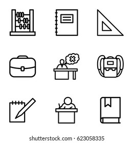 School icons set. set of 9 school outline icons such as backpack, notebook, teacher, book, abacus, notepad, ruler
