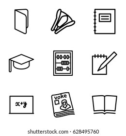 School icons set. set of 9 school outline icons such as magazine, notebook, abacus, stapler, book, notepad, blackboard x+y