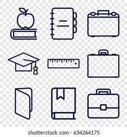 School icons set. set of 9 school outline icons such as graduation cap, case, ruler, book, notebook