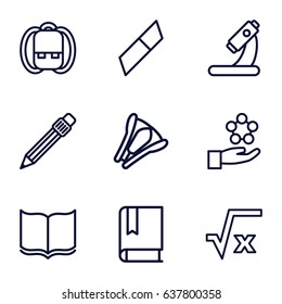 School icons set. set of 9 school outline icons such as book, microscope, pen, stapler, backpack, square root, eraser