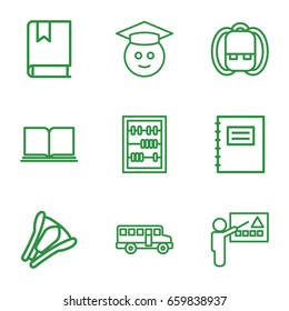 School icons set. set of 9 school outline icons such as abacus, stapler, book, graduate emoji, notepad, backpack, bus