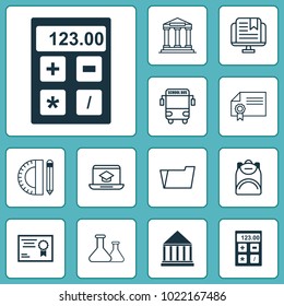 School icons set with academy building, flask, calculator and other document case elements. Isolated vector illustration school icons.