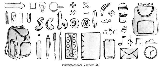 Conjunto de iconos de la escuela. Regreso a la escuela. Bocetos en blanco y negro de artículos de papelería. Fondo blanco con colección de Vector de Elementos. Estilo Doodle.