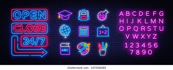 School icons set. Back to school collection neon signs. Open Close Bright sign boards, light banner. Neon isolated icon, emblem, design template. Vector Illustration