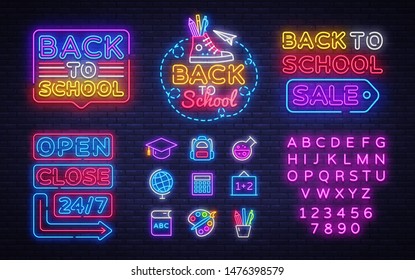 School icons set. Back to school neon sign. Open Close Bright sign boards, light banner. Neon isolated icon, emblem, design template. Vector Illustration