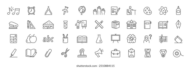 School icons set. Back to school, study, education, academic subjects and elements, students and teacher. Vector.