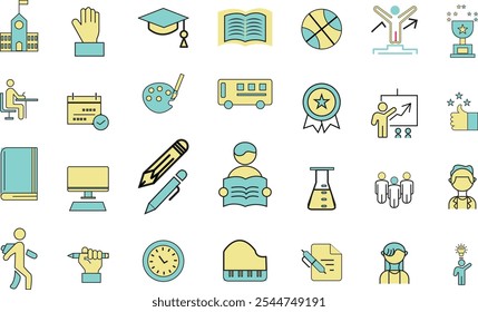 School icons set. Backpack, book, globe, paints, ruler, pen, pencil, calculator, pencil box, brushes, glue. 