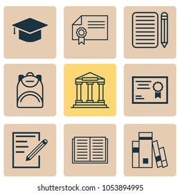 School icons set with books, diploma, notebook and other paper elements. Isolated vector illustration school icons.