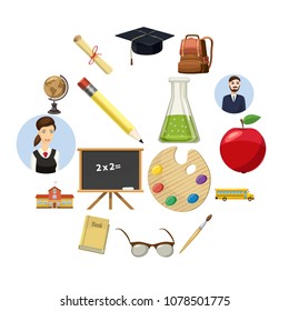 School icons set in cartoon style isolated on white background