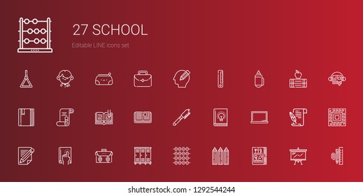school icons set. Collection of school with book, pencils, abacus, lockers, briefcase, pencil, blackboard, pen, open book, degree, ruler, stationary. Editable and scalable school icons.