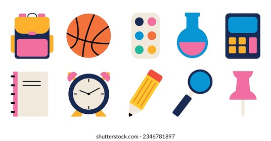 school icons set, set, collection of school bright colorful icons, back to school, science, lessons, mathematics
