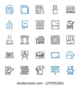 school icons set. Collection of school with school bus, presentation, literature, books, crayons, sharpener, blackboard, periodic table, canvas. Editable and scalable school icons.