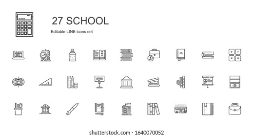 school icons set. Collection of school with bus, books, building, notebook, fountain pen, museum, pencil case, stationary, stapler remover. Editable and scalable school icons.