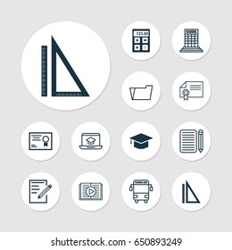 School Icons Set. Collection Of Certificate, Document Case, Diploma And Other Elements. Also Includes Symbols Such As Pencil, Cap, Graduation.