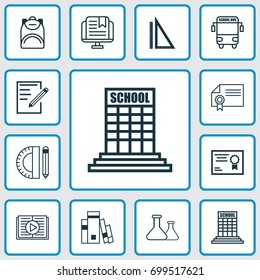 School Icons Set. Collection Of Certificate, Transport Vehicle, Haversack And Other Elements. Also Includes Symbols Such As Knapsack, Reader, Book.