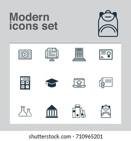 School Icons Set. Collection Of Certificate, E-Study, Haversack And Other Elements. Also Includes Symbols Such As Building, Online, Graduation.