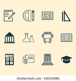 School Icons Set. Collection Of Chemical, Academy, Graduation And Other Elements. Also Includes Symbols Such As Line, Cap, Tools.