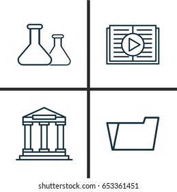 School Icons Set. Collection Of College, Taped Book, Document Case And Other Elements. Also Includes Symbols Such As Flask, Taped, Audio.