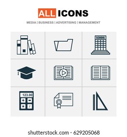 School Icons Set. Collection Of Diploma, Document Case, Measurement And Other Elements. Also Includes Symbols Such As Library, Graduation, Electronic.