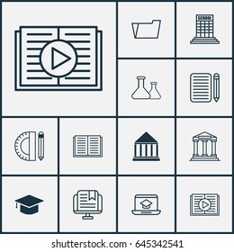 School Icons Set. Collection Of Distance Learning, Taped Book, Graduation And Other Elements. Also Includes Symbols Such As Education, Supplies, Study.