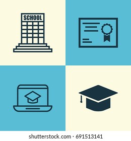 School Icons Set. Collection Of Distance Learning, Graduation, Certificate And Other Elements. Also Includes Symbols Such As Ribbon, Distance, School.