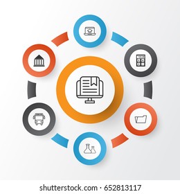 School Icons Set. Collection Of Document Case, Education Center, Transport Vehicle And Other Elements. Also Includes Symbols Such As Transport, Tool, Study.