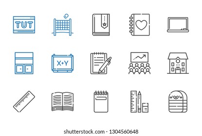 school icons set. Collection of school with eraser, school material, notepad, book, ruler, class, board, bookshelf, blackboard, diary, volley. Editable and scalable icons.