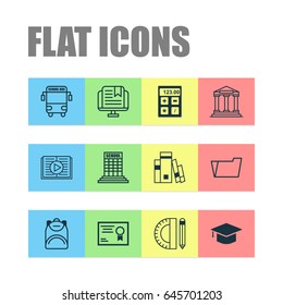 School Icons Set. Collection Of E-Study, Document Case, Academy And Other Elements. Also Includes Symbols Such As Ribbon, Building, Bus.