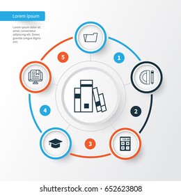 School Icons Set. Collection Of E-Study, Electronic Tool, Library And Other Elements. Also Includes Symbols Such As Tools, Folder, Book.