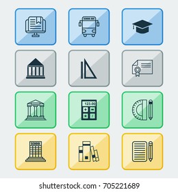School Icons Set. Collection Of E-Study, Education Tools, Electronic Tool And Other Elements. Also Includes Symbols Such As Diploma, Ruler, Tools.