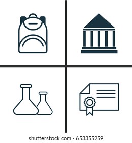 School Icons Set. Collection Of Haversack, Chemical, Diploma And Other Elements. Also Includes Symbols Such As Knapsack, Building, School.