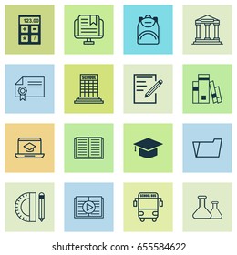 School Icons Set. Collection Of Haversack, Electronic Tool, Paper And Other Elements. Also Includes Symbols Such As Chemical, Tools, Online.