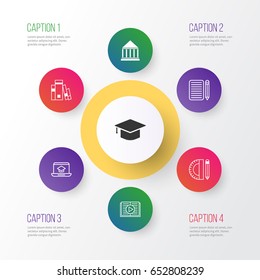 School Icons Set. Collection Of Library, Distance Learning, Education Tools And Other Elements. Also Includes Symbols Such As Learn, Tools, Hat.