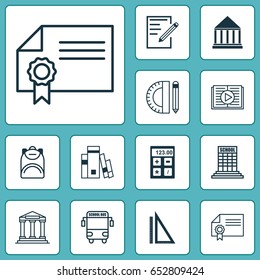 School Icons Set. Collection Of Library, Measurement, College And Other Elements. Also Includes Symbols Such As Supplies, Calculator, Certificate.