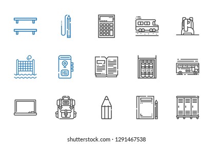 school icons set. Collection of school with lockers, book, pencil, backpack, blackboard, bus, bookshelf, open book, volley, school bus, calculator. Editable and scalable icons.