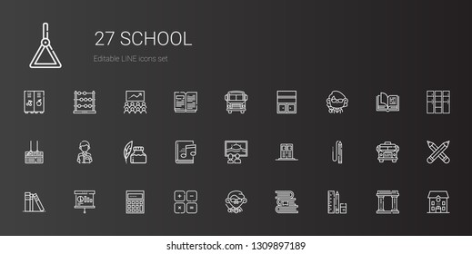 school icons set. Collection of school with school material, books, teacher, maths, calculating, presentation, library, pencil, locker, canvas. Editable and scalable icons.
