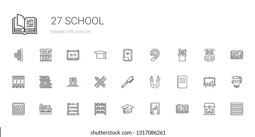 school icons set. Collection of school with open book, book, mortarboard, bookshelf, abacus, school bus, calculator, notebook, magnet, pen. Editable and scalable icons.