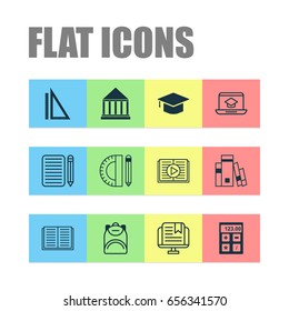 School Icons Set. Collection Of Opened Book, Graduation, Taped Book And Other Elements. Also Includes Symbols Such As Knapsack, Literature, Cap.