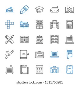 school icons set. Collection of school with paper clip, briefcase, calculator, book, volley, abacus, diploma, highlighter, bookshelf, building. Editable and scalable school icons.