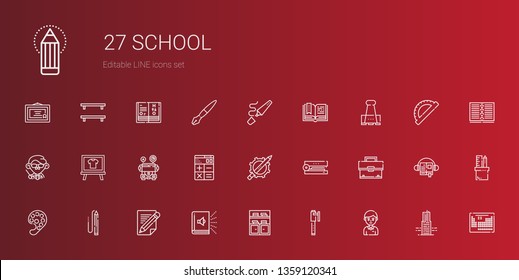 school icons set. Collection of school with student, pen, bookshelf, audiobook, pencil, paint palette, briefcase, stapler, calculator, school bus. Editable and scalable icons.